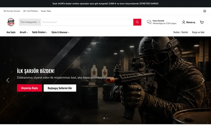 Atış Taktik Shopify mağazası ana sayfa ekran görüntüsü