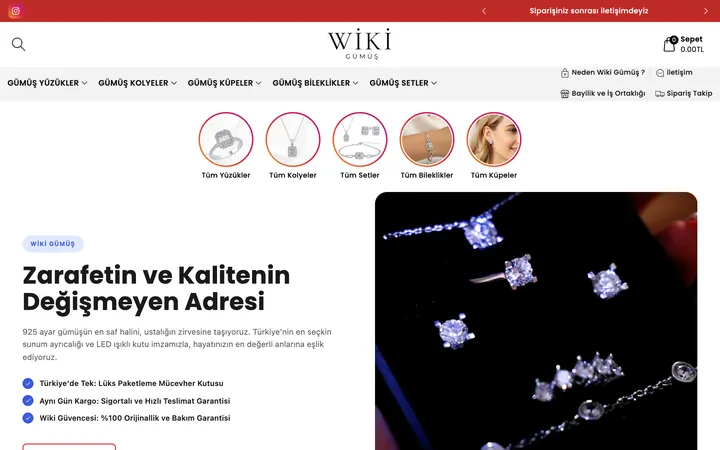 Wiki Gümüş Shopify mağazası ana sayfa ekran görüntüsü
