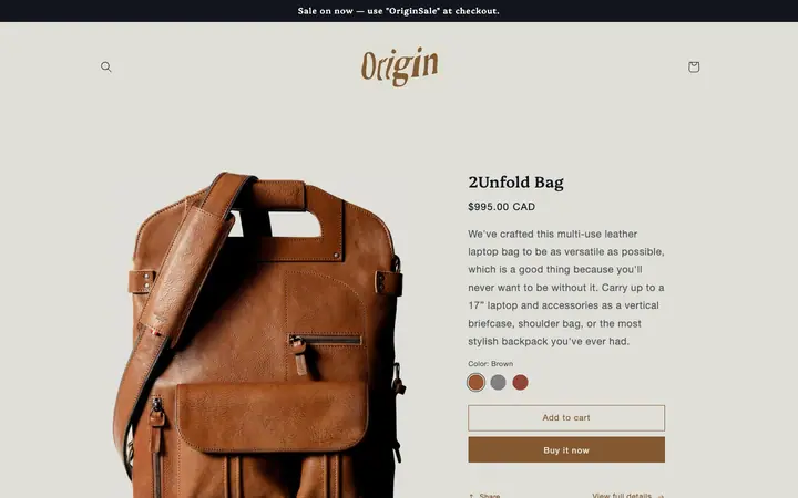 Origin Shopify teması demo mağaza görünümü
